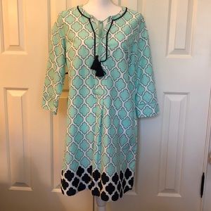 Crown & Ivy Cotton Tunic Dress with tassel tie at neckline. Navy and light aqua